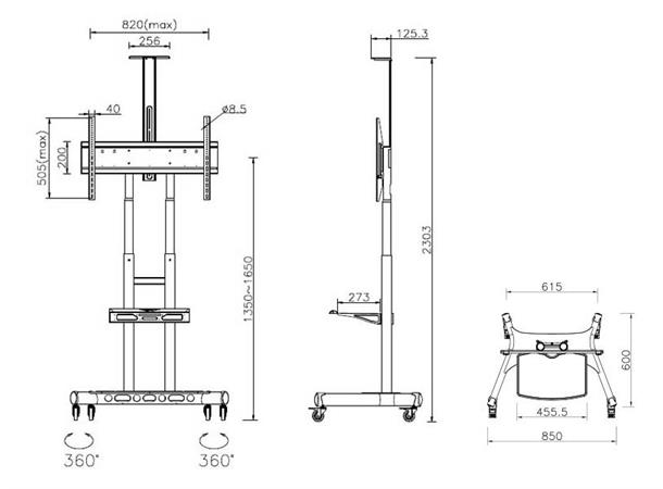 Multibrackets Gulvtralle Basic 180 Sort, 90kg, 800x500, 55-80", ink hylle 