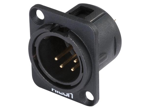 HICON HI-X4DM-G 4-pin XLR han chassis Sort. D-panel. Gullplaterte kontakter 