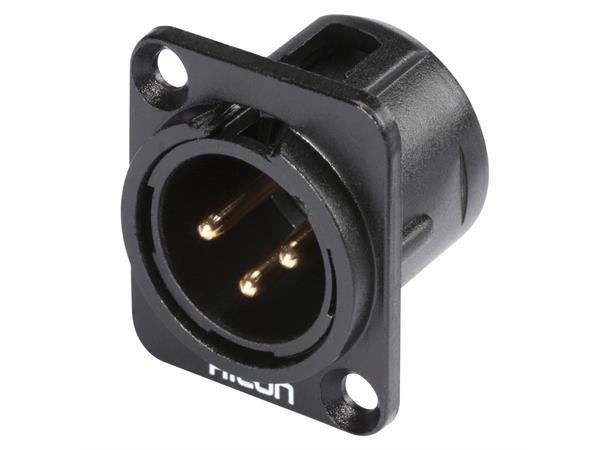 HICON HI-X3DM-G 3-pin XLR han chassis Sort. D-panel. Gullplaterte kontakter