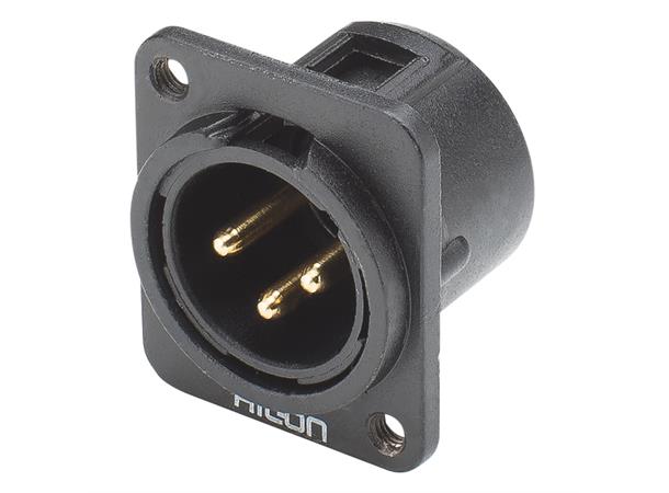 HICON HI-X3DM-G-M3 3-pin XLR han chassis Sort. D-panel, M3 gjenger. Gullpl. kont. 